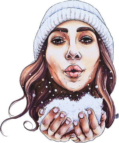 Drawing girl's portrait and snowflakes with markers