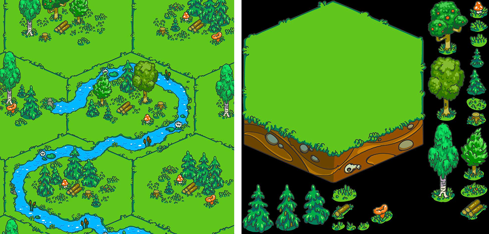 Вариации гекса леса и пример запечёного атласа спрайтов для этого гекса Вариации гекса леса и пример запечёного атласа спрайтов для этого гекса