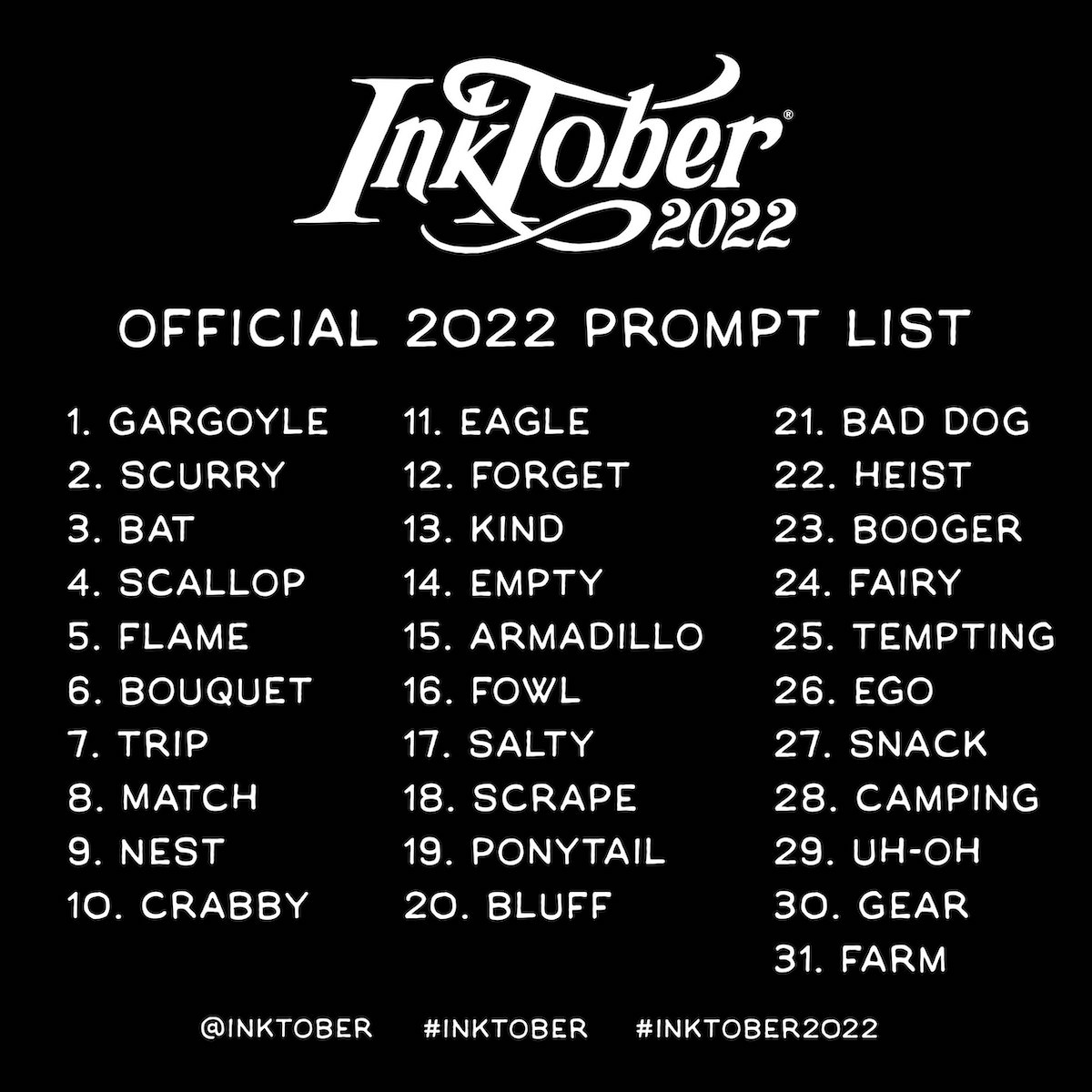 Inktober official 2022 prompt list