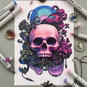 Drawing a neon skull with baroque elements and complex lightning
