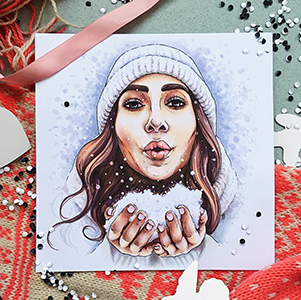 Drawing girl's portrait and snowflakes with markers