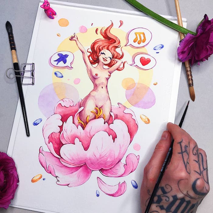 Drawing vibrant stylised illustration — a flower and a human figure
