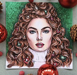 Xmas portrait — drawing a girl made up with Christmas decorations